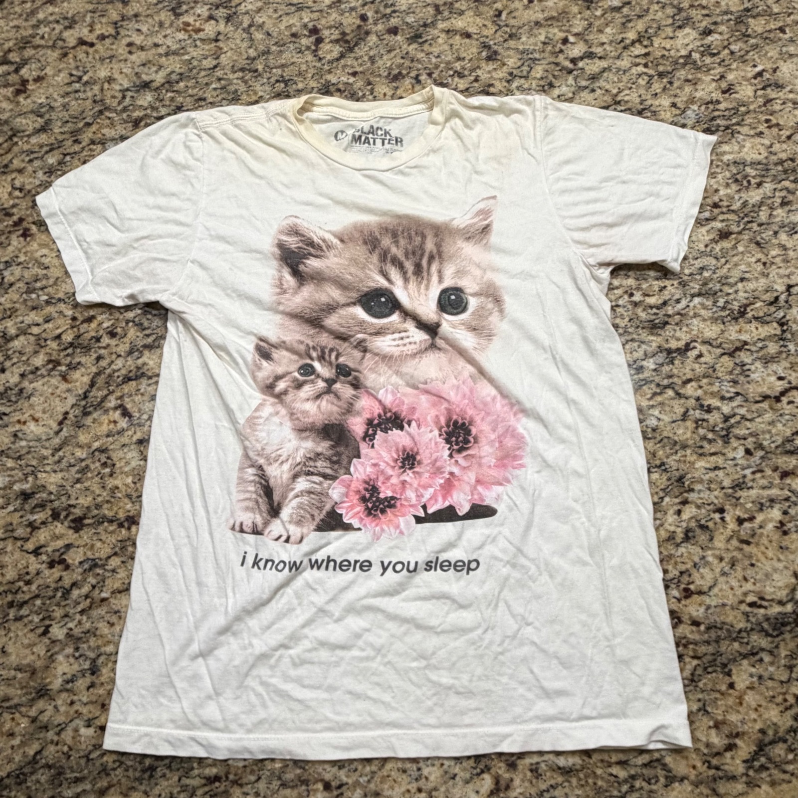 Black Matter I Know Where You Sleep Kitten Graphic Tee White Cotton Shirt L